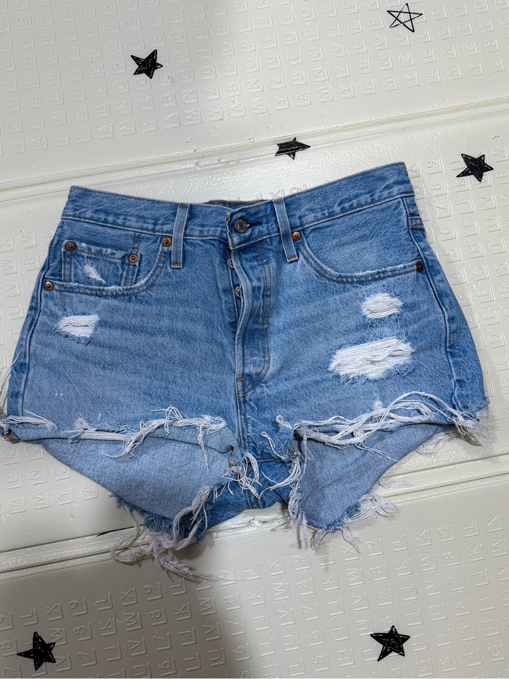 Simple Light Blue Distressed Denim Cutoff Shorts